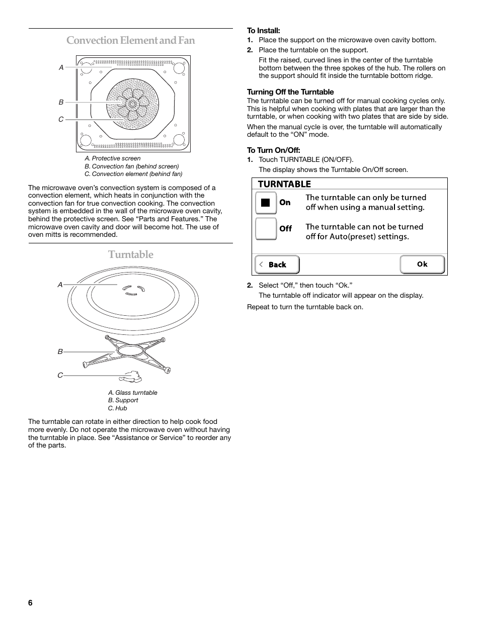 Convection element and fan, Turntable | KITCHENAID KHHC2090S User Manual | Page 6 / 36