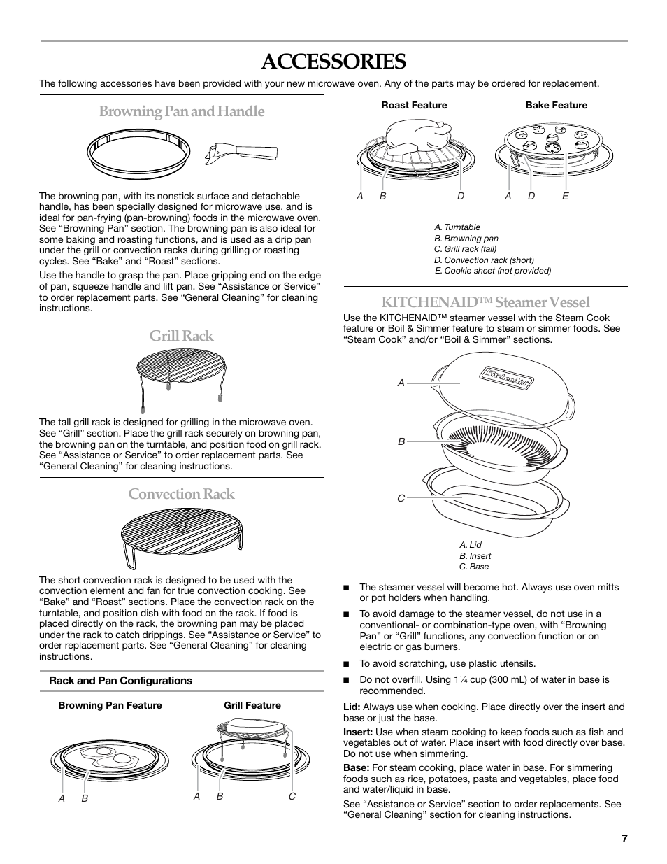 Accessories, Browning pan and handle, Grill rack | Convection rack, Kitchenaid™ steamer vessel | KITCHENAID KHHC2090S User Manual | Page 7 / 36