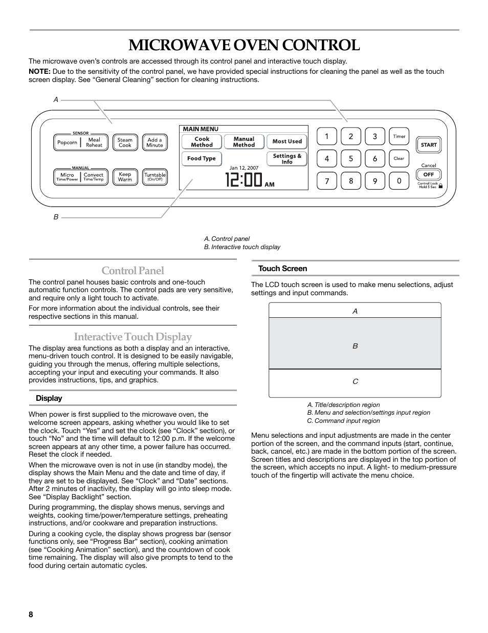 Microwave oven control, Control panel, Interactive touch display | KITCHENAID KHHC2090S User Manual | Page 8 / 36