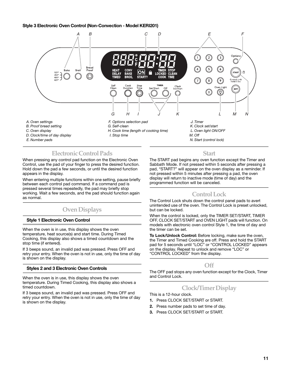 Electronic control pads, Oven displays, Start | Control lock, Clock/timer display | KITCHENAID KERI203 User Manual | Page 11 / 28