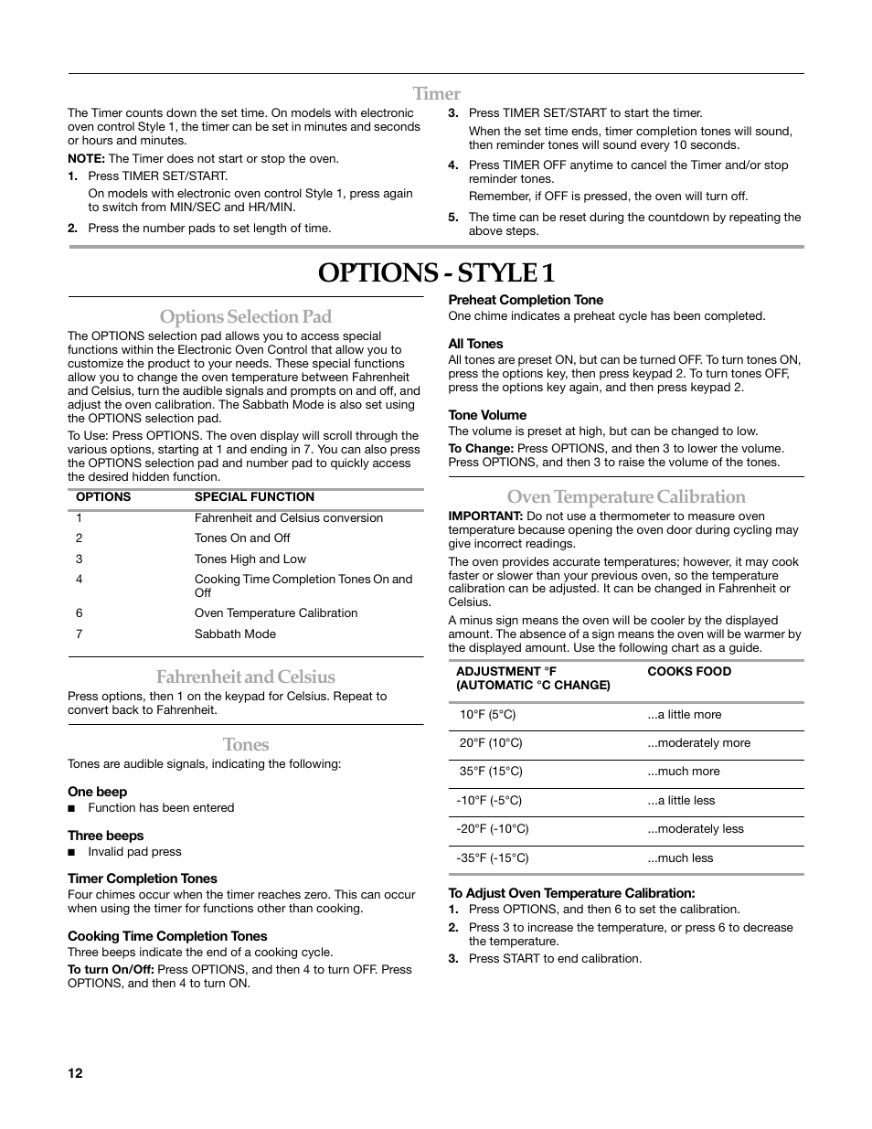 Options - style 1, Timer, Options selection pad | Fahrenheit and celsius, Tones, Oven temperature calibration | KITCHENAID KERI203 User Manual | Page 12 / 28