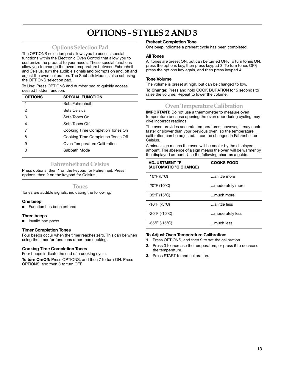 Options - styles 2 and 3, Options selection pad, Fahrenheit and celsius | Tones, Oven temperature calibration | KITCHENAID KERI203 User Manual | Page 13 / 28