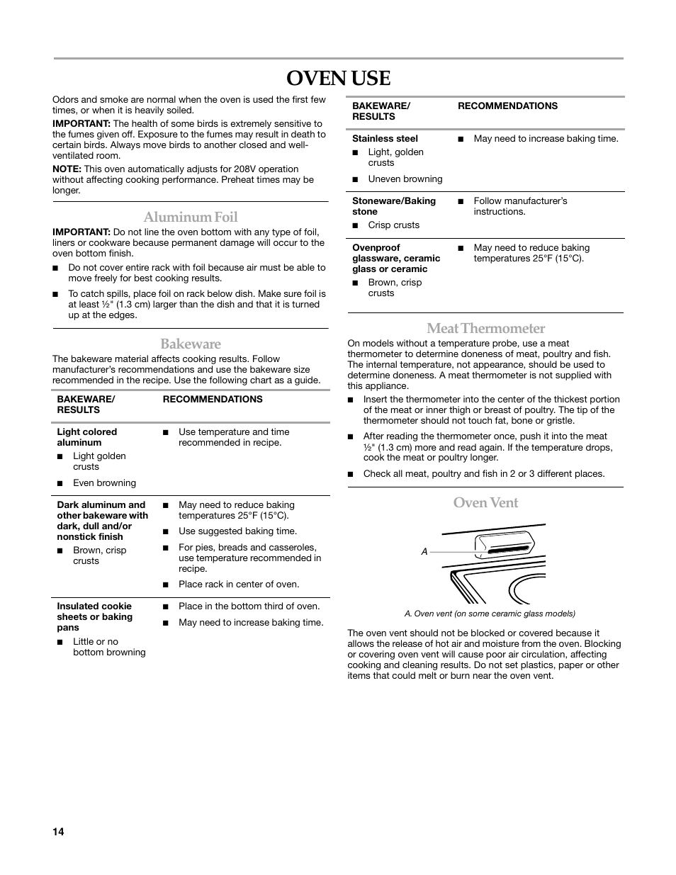 Oven use, Aluminum foil, Bakeware | Meat thermometer, Oven vent | KITCHENAID KERI203 User Manual | Page 14 / 28