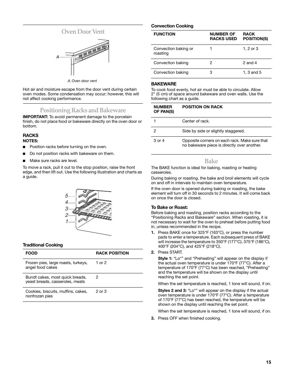 Oven door vent, Positioning racks and bakeware, Bake | KITCHENAID KERI203 User Manual | Page 15 / 28