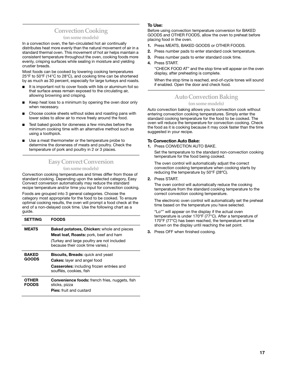 Convection cooking, Easy convect conversion, Auto convection baking | KITCHENAID KERI203 User Manual | Page 17 / 28