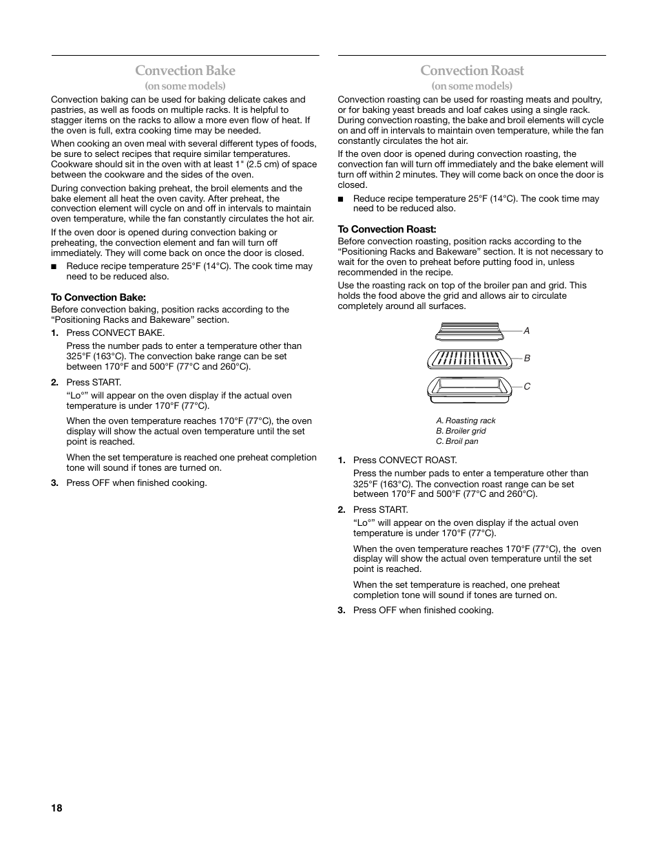 Convection bake, Convection roast | KITCHENAID KERI203 User Manual | Page 18 / 28