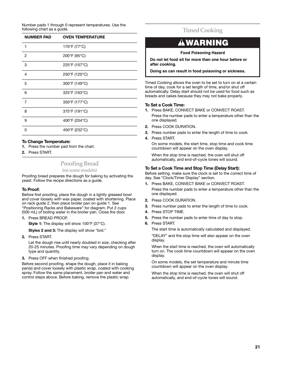 Warning, Proofing bread, Timed cooking | KITCHENAID KERI203 User Manual | Page 21 / 28