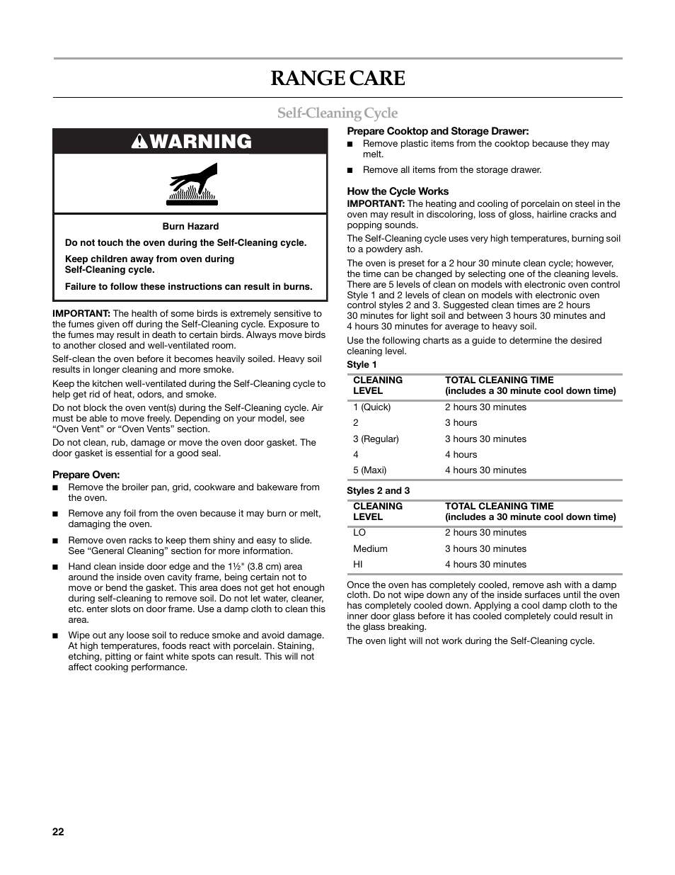 Range care, Warning, Self-cleaning cycle | KITCHENAID KERI203 User Manual | Page 22 / 28