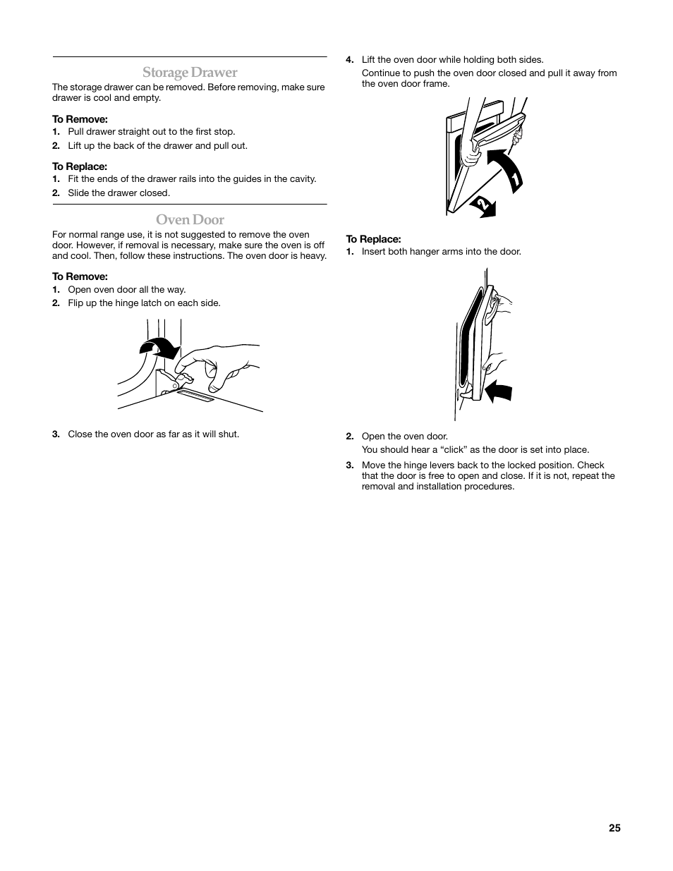 Storage drawer, Oven door | KITCHENAID KERI203 User Manual | Page 25 / 28