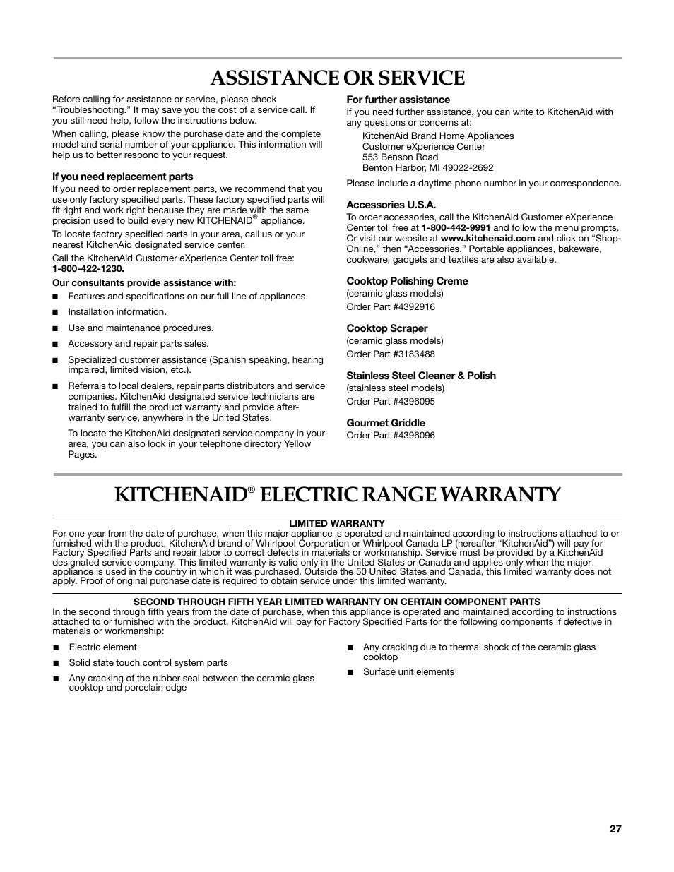 Assistance or service, Kitchenaid, Electric range warranty | KITCHENAID KERI203 User Manual | Page 27 / 28