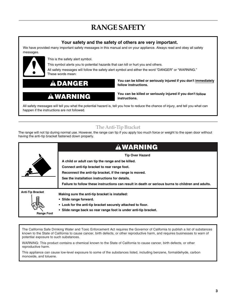 Range safety, Danger warning, Warning | The anti-tip bracket | KITCHENAID KERI203 User Manual | Page 3 / 28