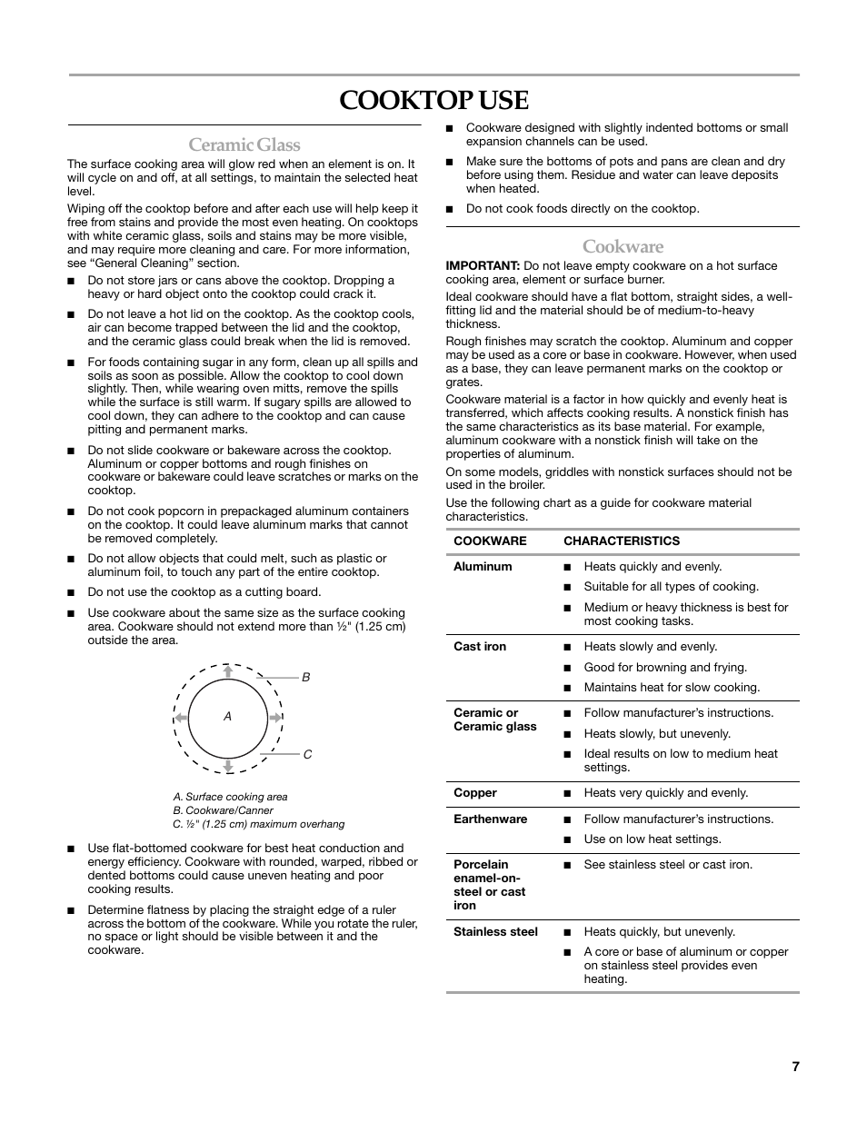 Cooktop use, Ceramic glass, Cookware | KITCHENAID KERI203 User Manual | Page 7 / 28