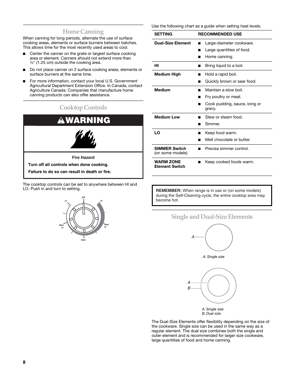 Warning, Home canning, Cooktop controls | Single and dual-size elements | KITCHENAID KERI203 User Manual | Page 8 / 28