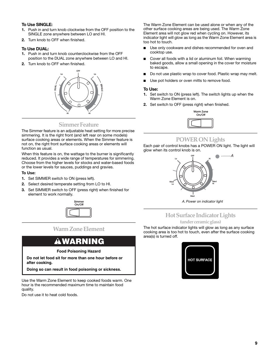 Warning, Simmer feature, Warm zone element | Power on lights, Hot surface indicator lights, Under ceramic glass) | KITCHENAID KERI203 User Manual | Page 9 / 28