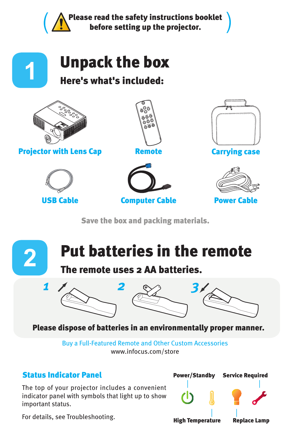 Unpack the box, Put batteries in the remote | KITCHENAID W1100 User Manual | Page 2 / 8