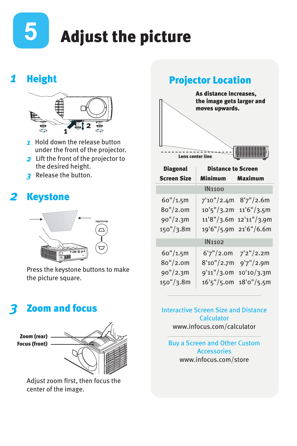 Adjust the picture, Height, Keystone | Zoom and focus, Projector location | KITCHENAID W1100 User Manual | Page 5 / 8