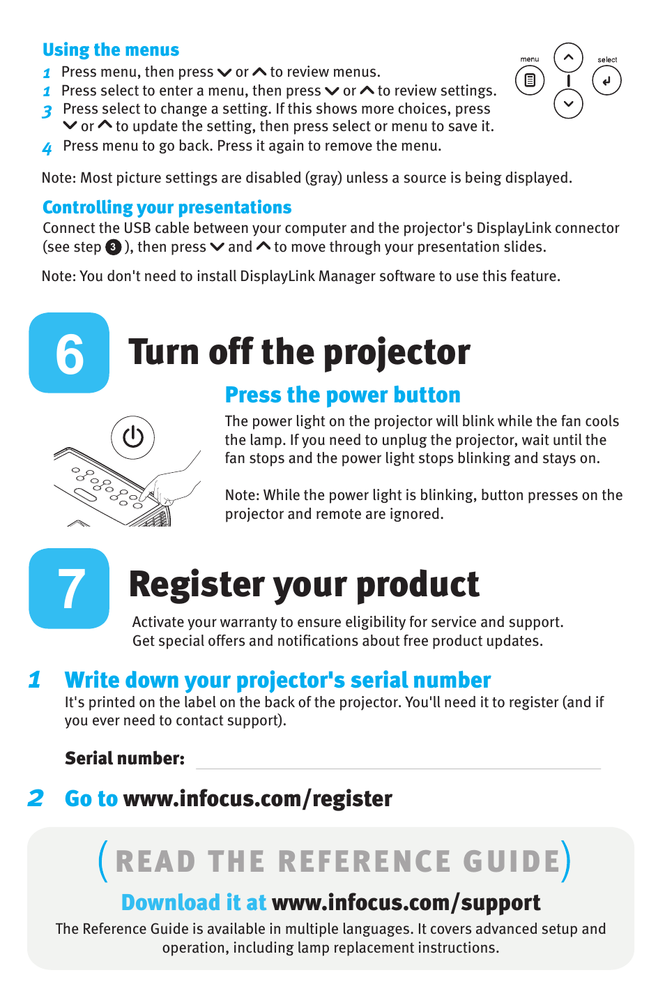 Turn off the projector, Register your product, Read the reference guide | KITCHENAID W1100 User Manual | Page 6 / 8