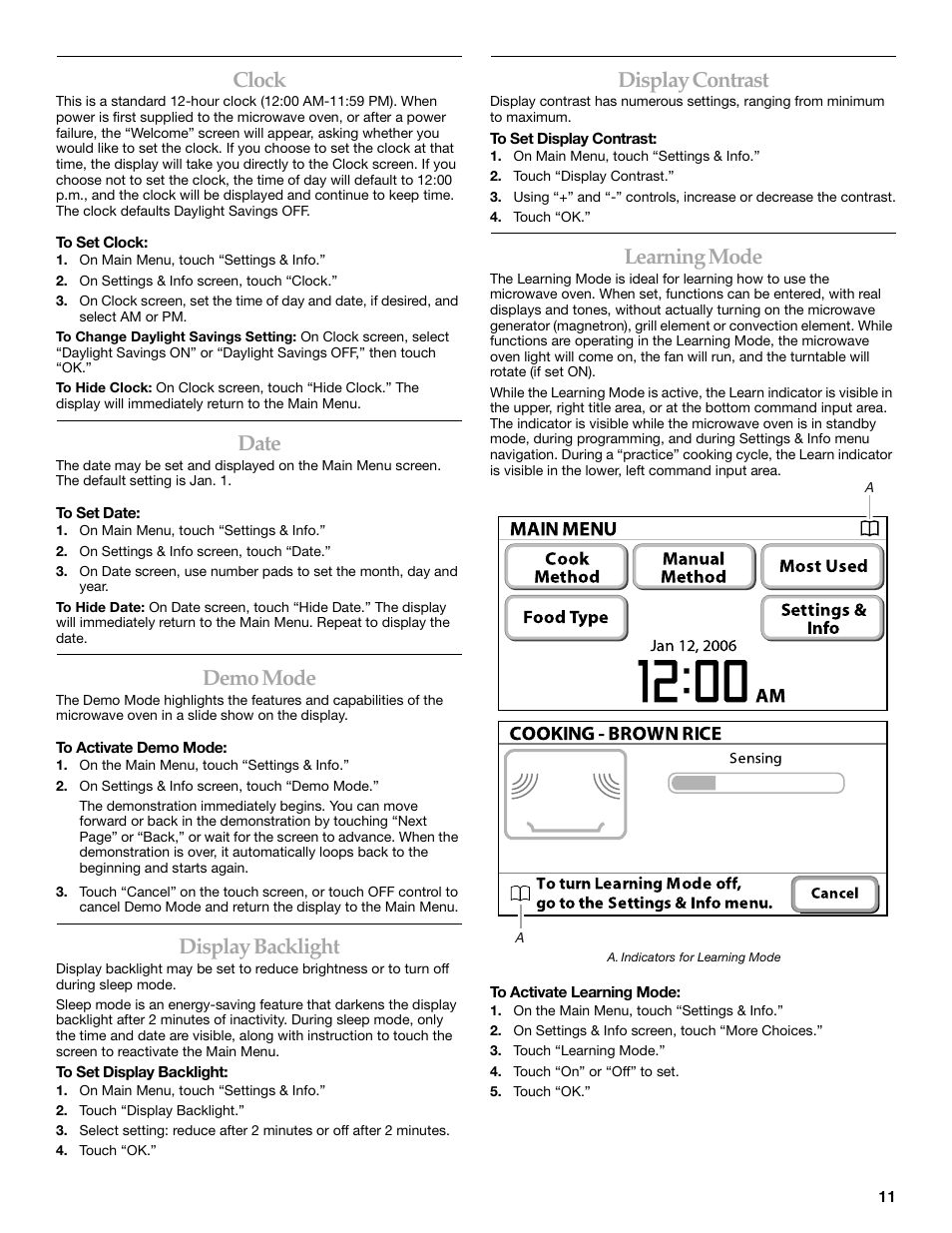 Clock, Date, Demo mode | Display backlight, Display contrast, Learning mode | KITCHENAID KHHC2096S User Manual | Page 11 / 36