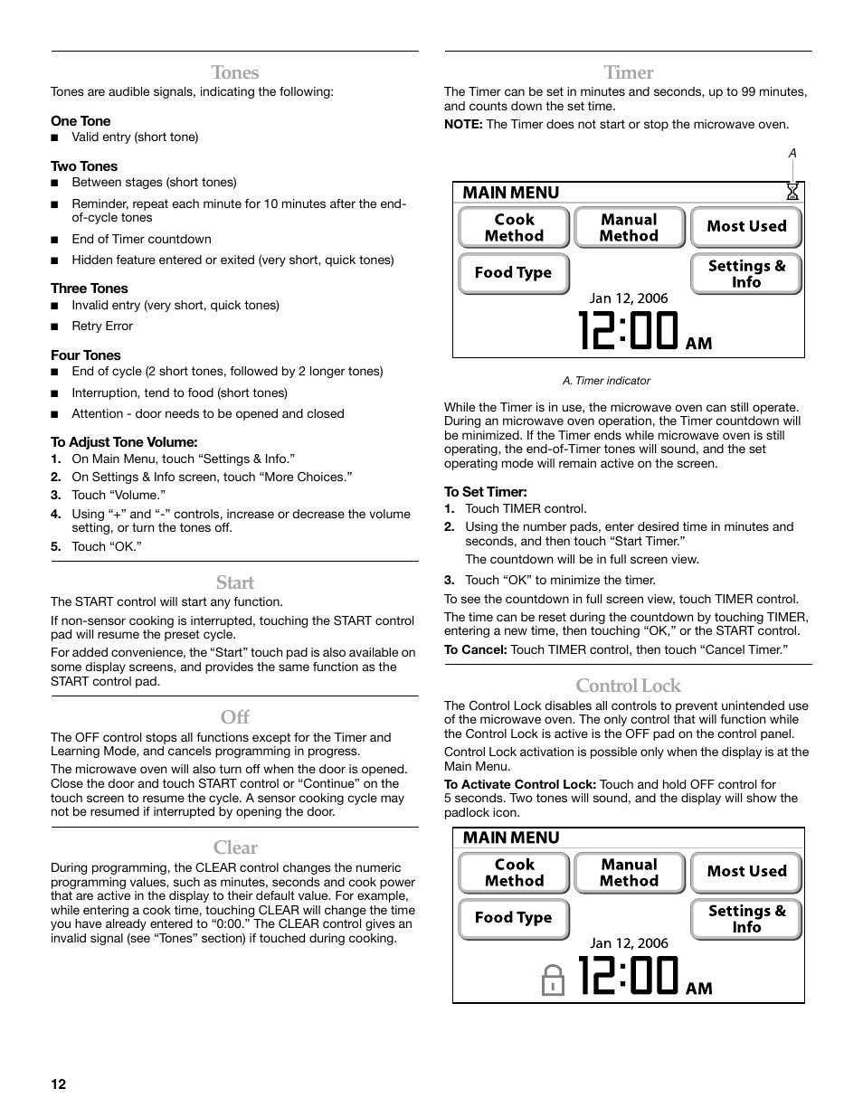 Tones, Start, Clear | Timer, Control lock | KITCHENAID KHHC2096S User Manual | Page 12 / 36