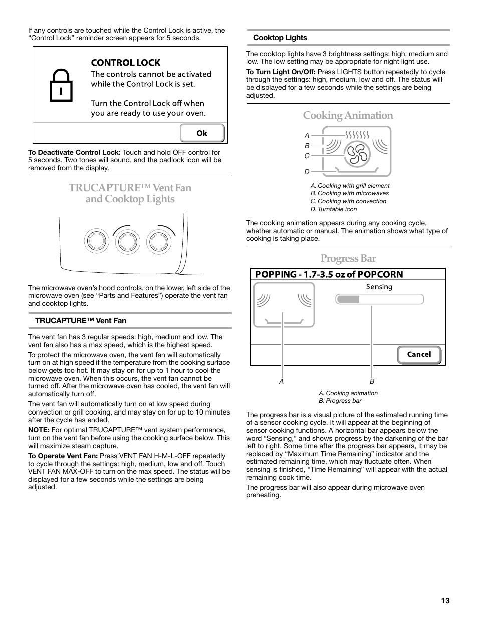 Trucapture™ vent fan and cooktop lights, Cooking animation, Progress bar | KITCHENAID KHHC2096S User Manual | Page 13 / 36