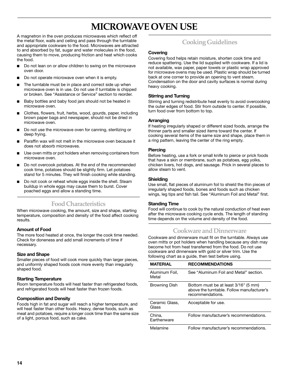 Microwave oven use, Food characteristics, Cooking guidelines | Cookware and dinnerware | KITCHENAID KHHC2096S User Manual | Page 14 / 36