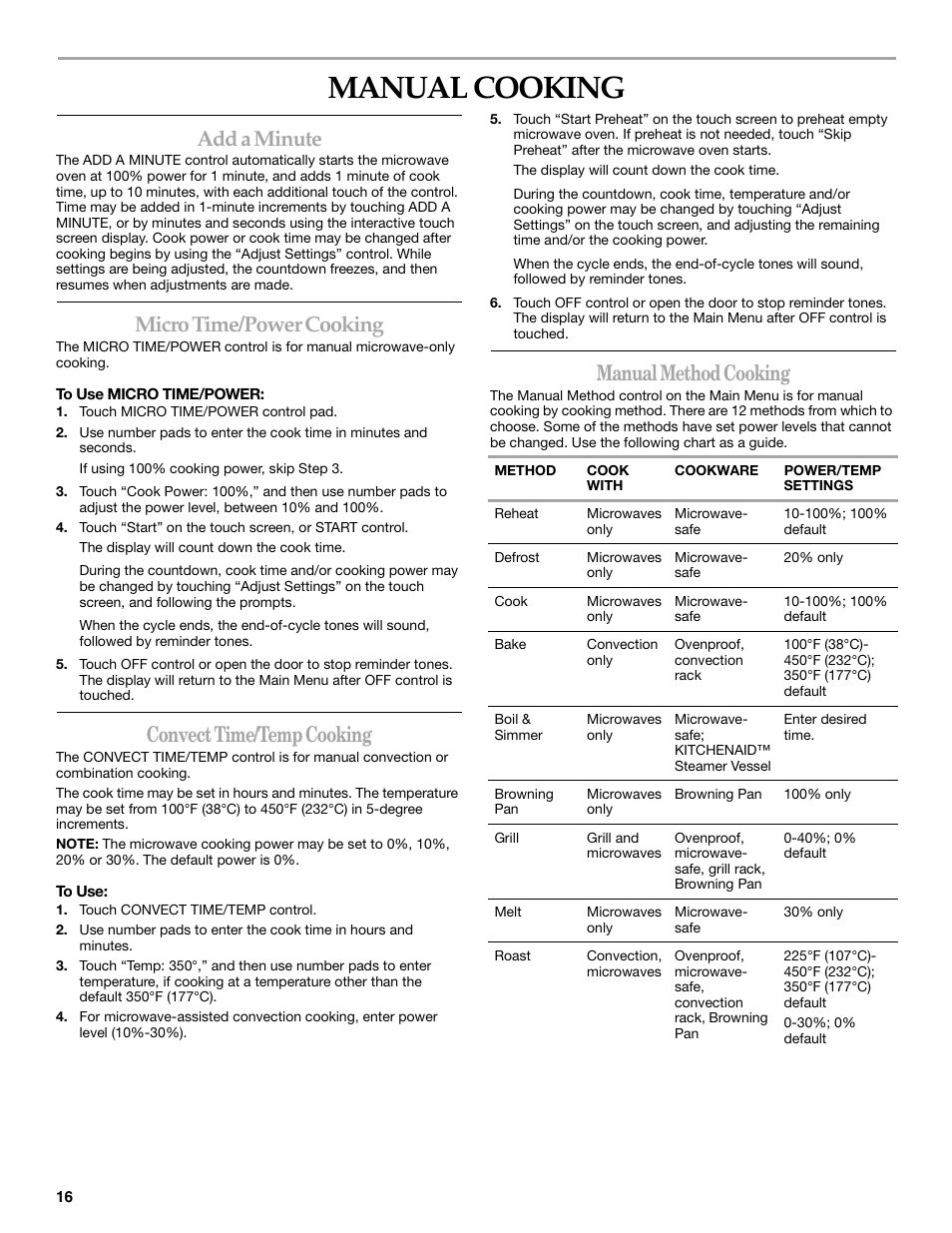 Manual cooking, Add a minute, Micro time/power cooking | Convect time/temp cooking, Manual method cooking | KITCHENAID KHHC2096S User Manual | Page 16 / 36