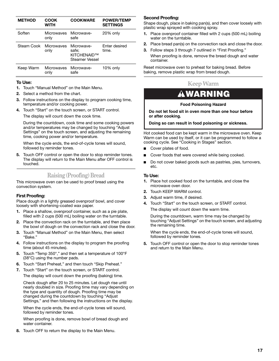 Warning, Raising (proofing) bread, Keep warm | KITCHENAID KHHC2096S User Manual | Page 17 / 36