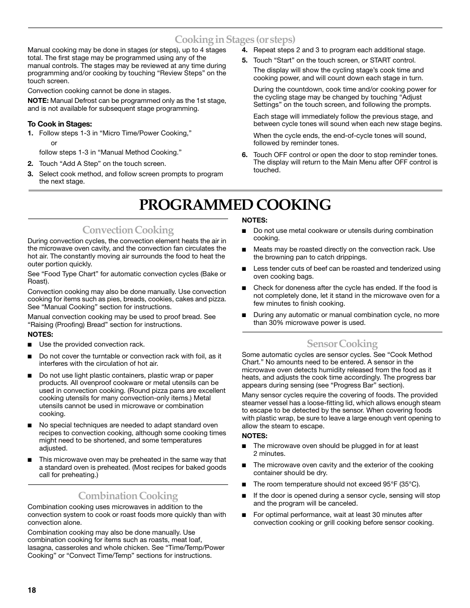 Programmed cooking, Cooking in stages (or steps), Convection cooking | Combination cooking, Sensor cooking | KITCHENAID KHHC2096S User Manual | Page 18 / 36