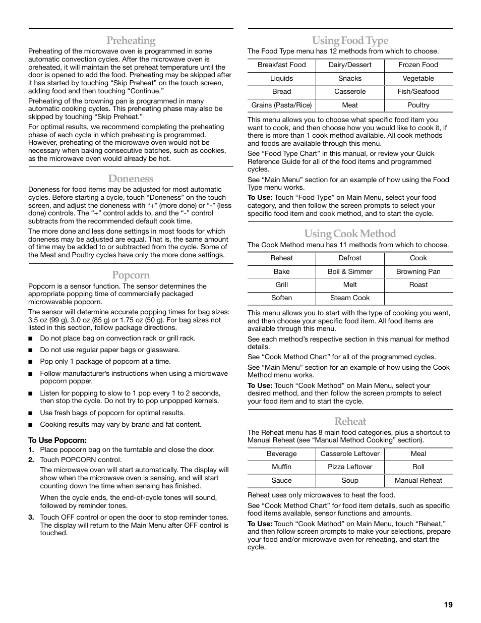 Preheating, Doneness, Popcorn | Using food type, Using cook method, Reheat | KITCHENAID KHHC2096S User Manual | Page 19 / 36