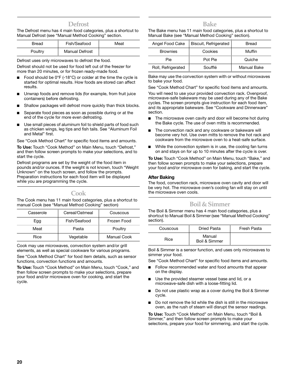 Defrost, Cook, Bake | Boil & simmer | KITCHENAID KHHC2096S User Manual | Page 20 / 36