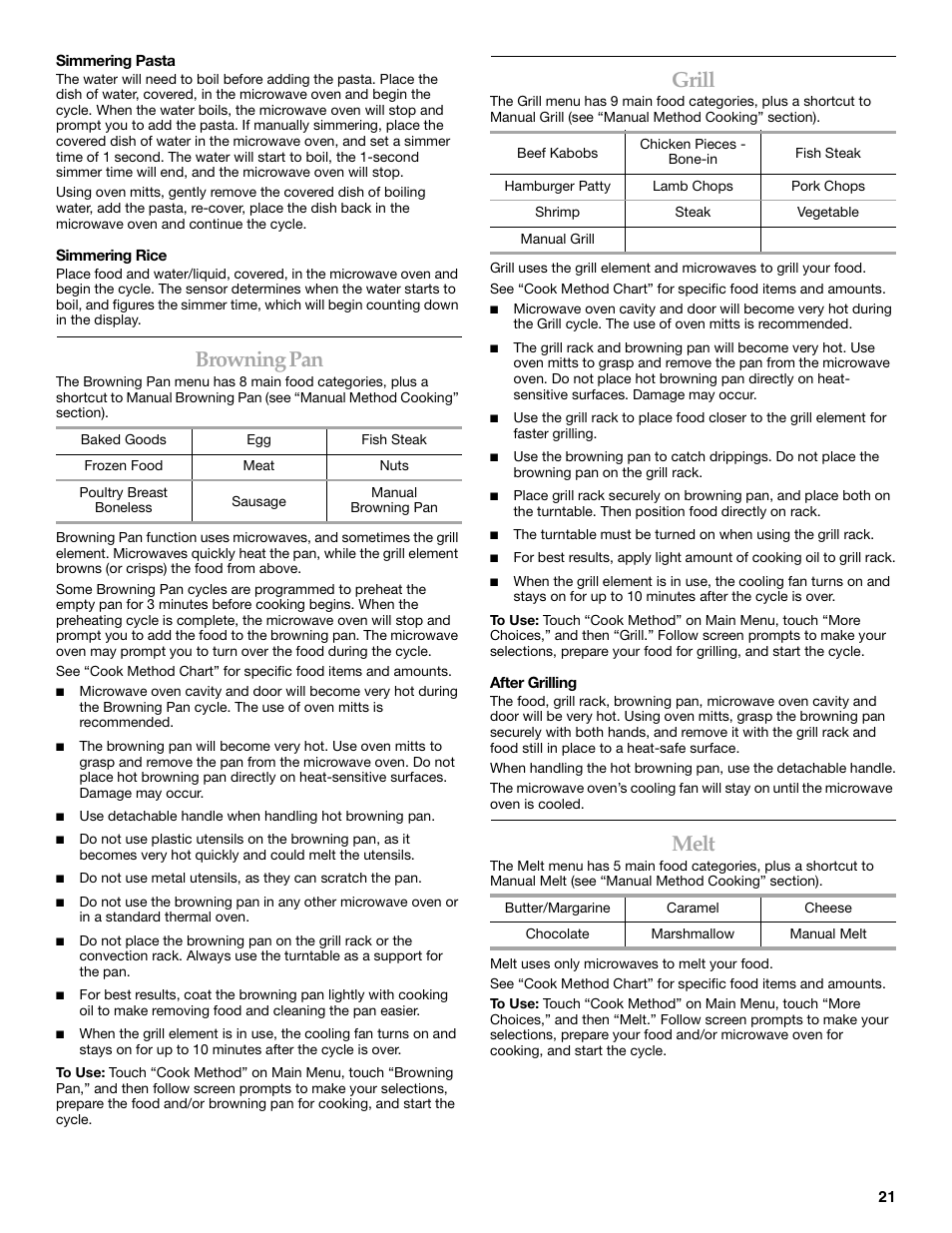 Browning pan, Grill, Melt | KITCHENAID KHHC2096S User Manual | Page 21 / 36