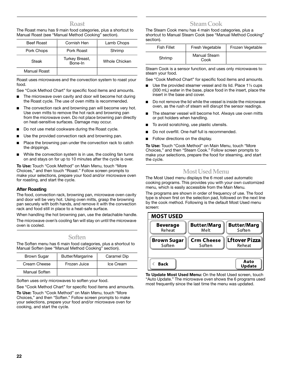 Roast, Soften, Steam cook | Most used menu | KITCHENAID KHHC2096S User Manual | Page 22 / 36