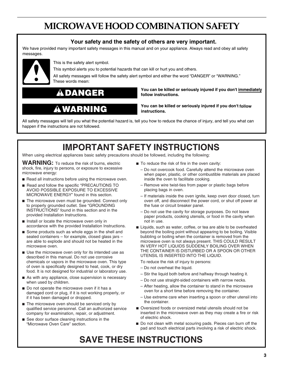 Microwave hood combination safety, Danger warning, Warning | KITCHENAID KHHC2096S User Manual | Page 3 / 36