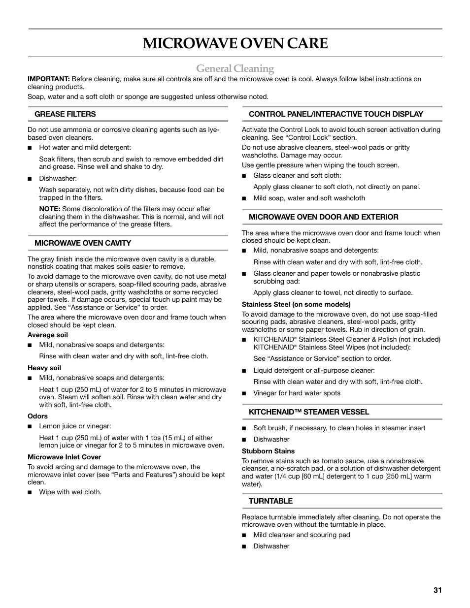 Microwave oven care, General cleaning | KITCHENAID KHHC2096S User Manual | Page 31 / 36