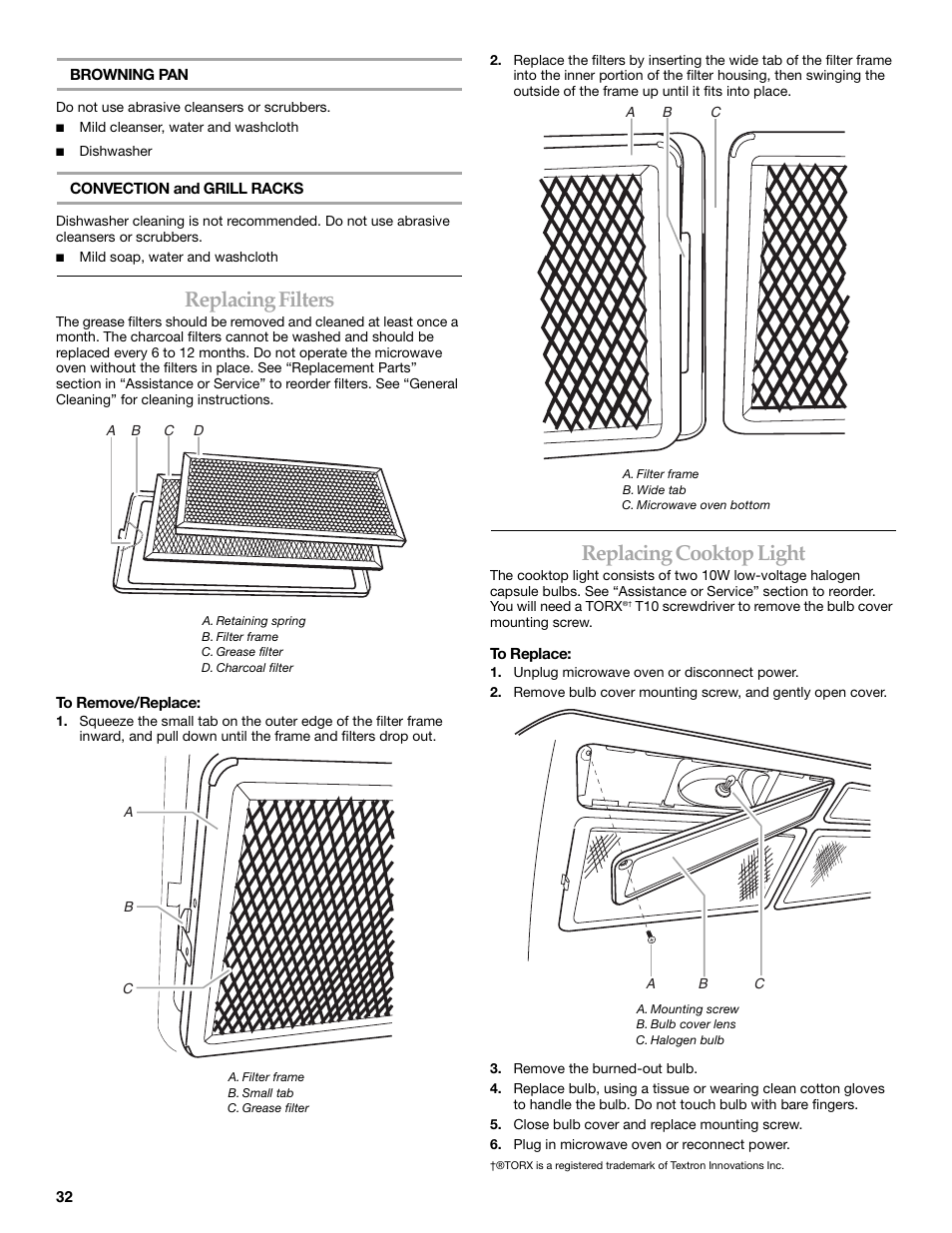 Replacing filters, Replacing cooktop light | KITCHENAID KHHC2096S User Manual | Page 32 / 36