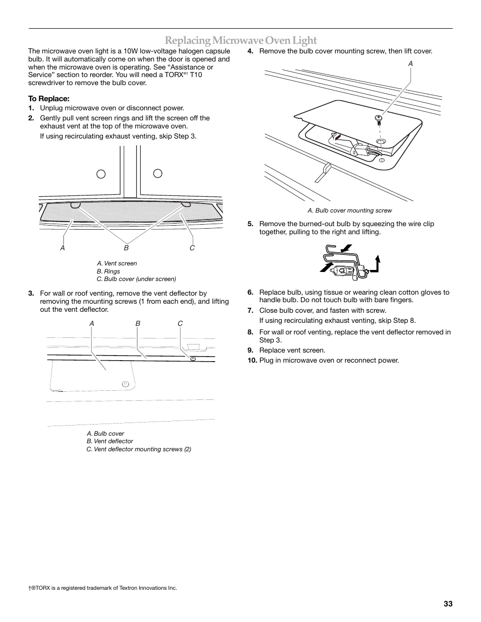 Replacing microwave oven light | KITCHENAID KHHC2096S User Manual | Page 33 / 36