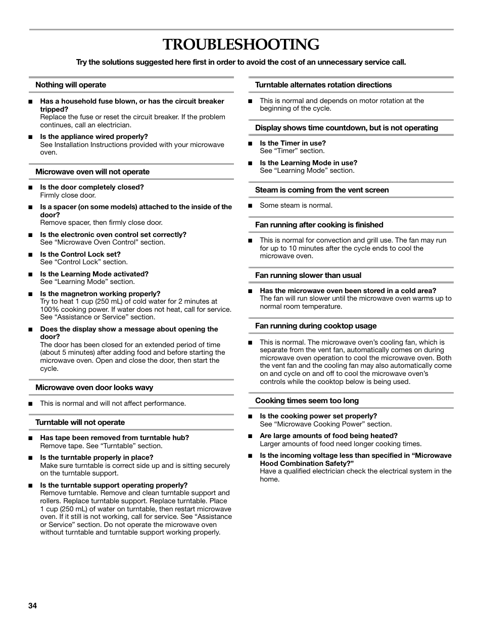 Troubleshooting | KITCHENAID KHHC2096S User Manual | Page 34 / 36