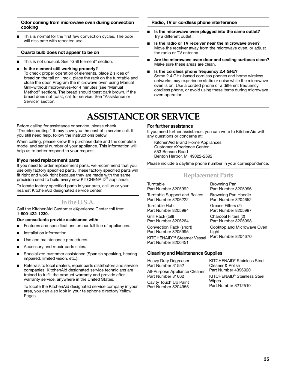 Assistance or service, Replacement parts | KITCHENAID KHHC2096S User Manual | Page 35 / 36