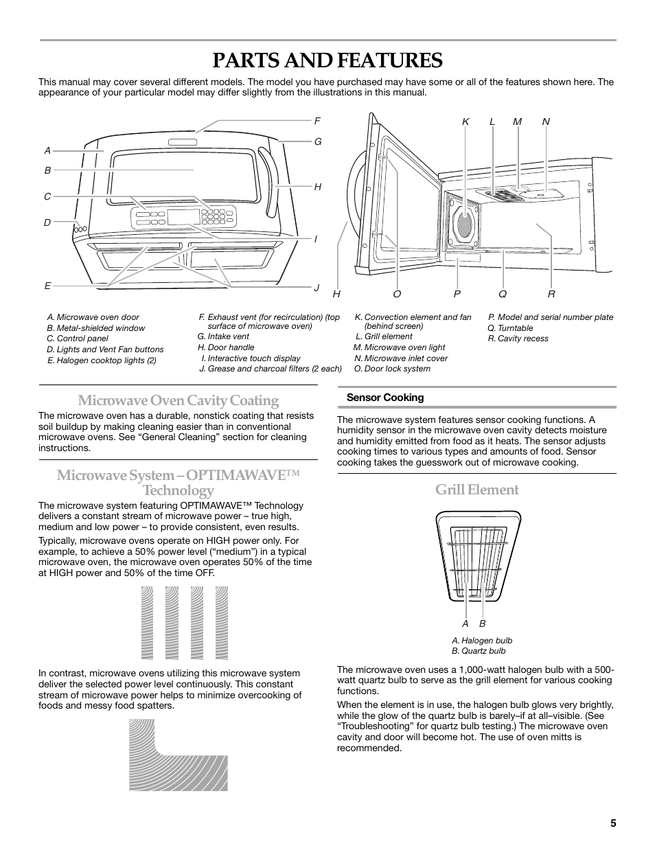 Parts and features, Microwave oven cavity coating, Microwave system – optimawave™ technology | Grill element | KITCHENAID KHHC2096S User Manual | Page 5 / 36