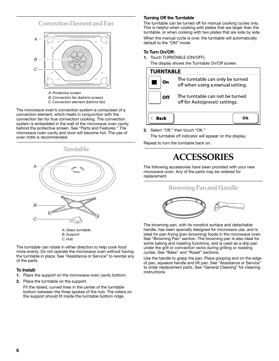 Accessories, Convection element and fan, Turntable | Browning pan and handle | KITCHENAID KHHC2096S User Manual | Page 6 / 36