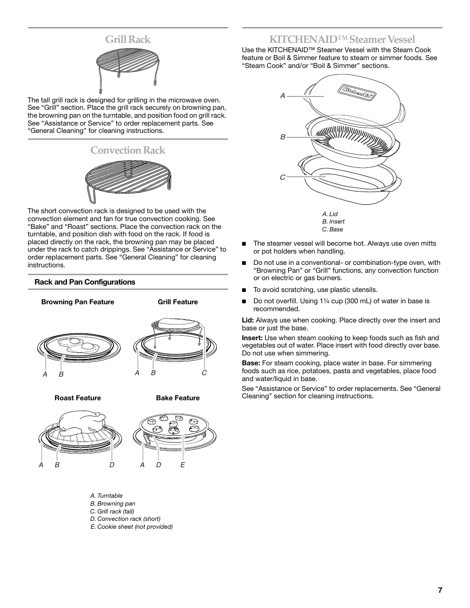 Grill rack, Convection rack, Kitchenaid™ steamer vessel | KITCHENAID KHHC2096S User Manual | Page 7 / 36