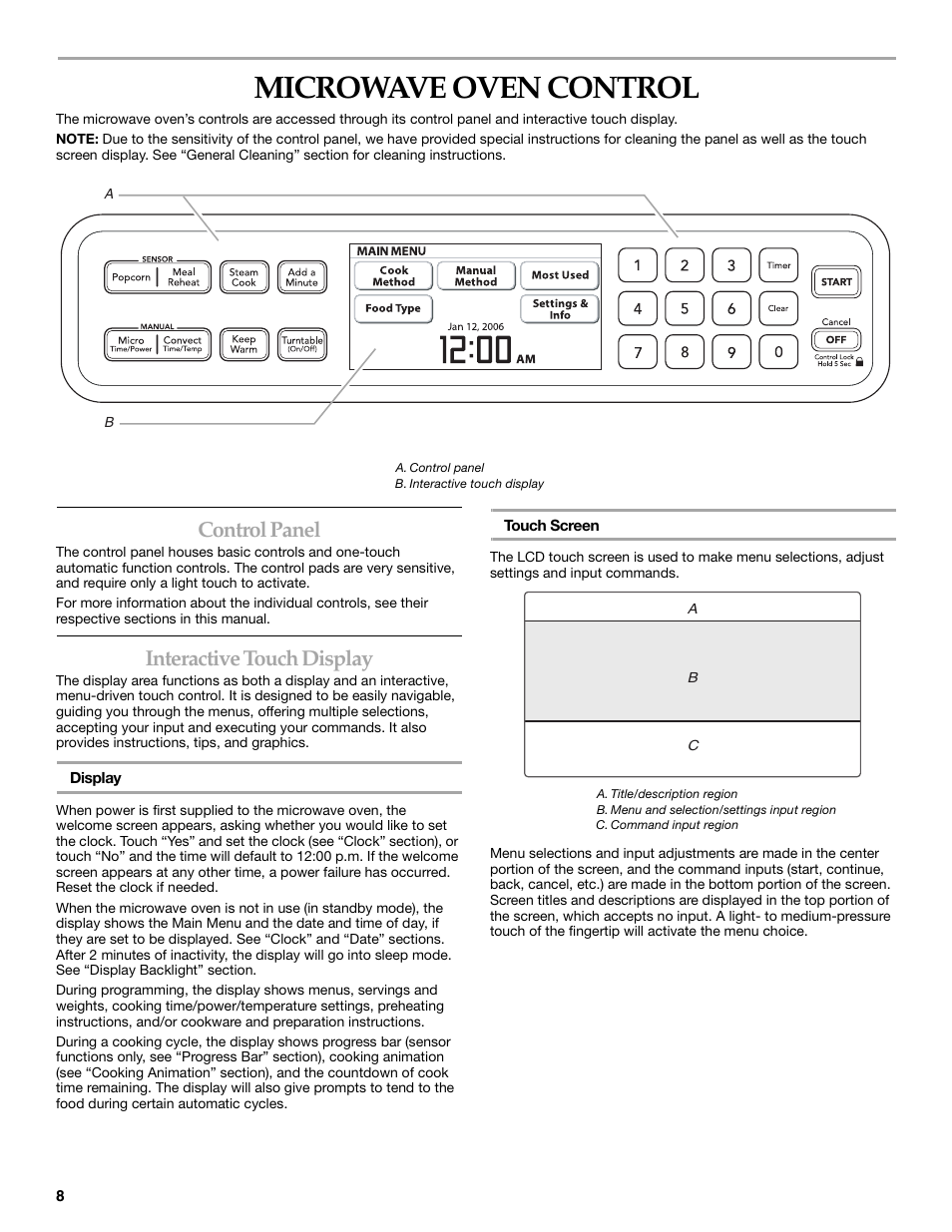 Microwave oven control, Control panel, Interactive touch display | KITCHENAID KHHC2096S User Manual | Page 8 / 36