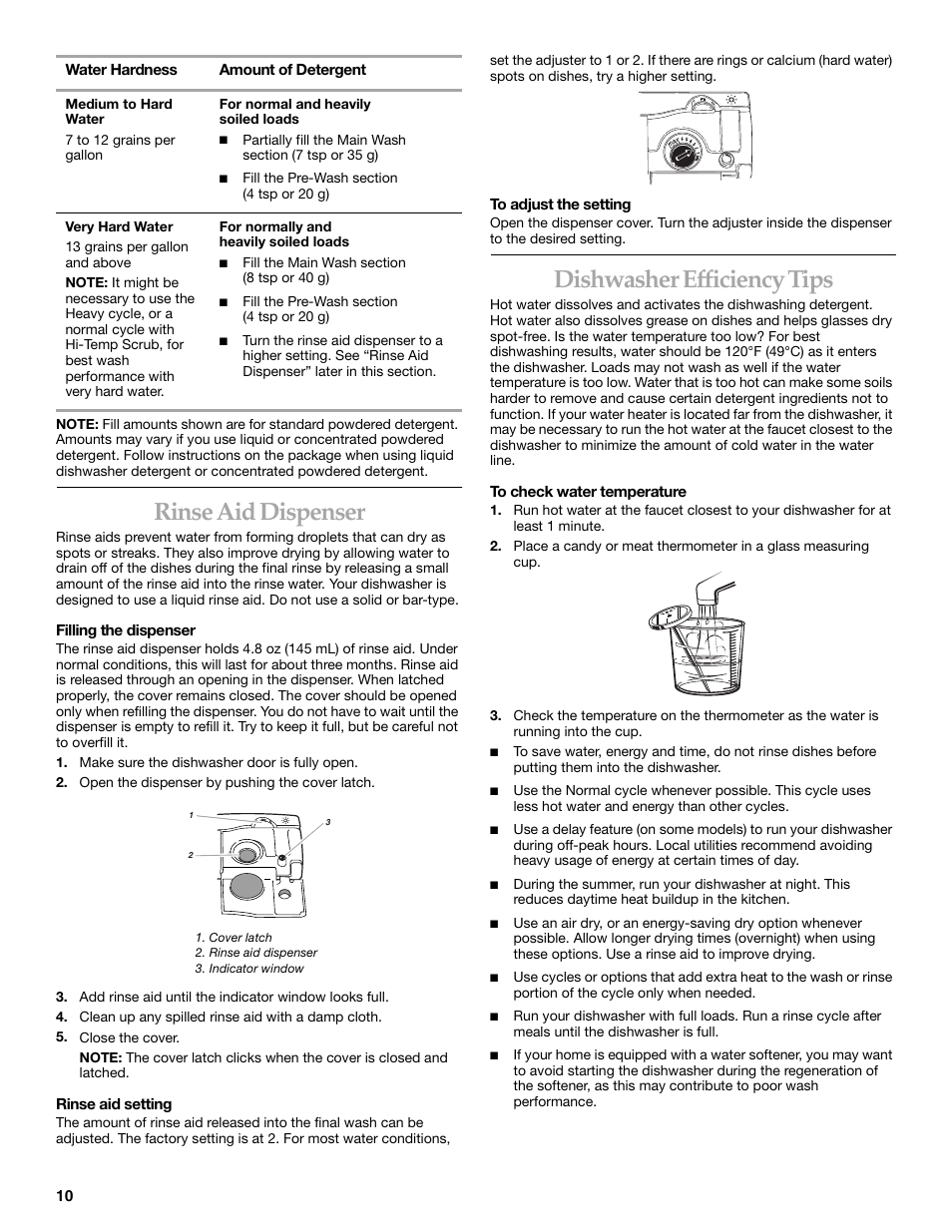 Rinse aid dispenser, Dishwasher efficiency tips | KITCHENAID KUDI01DL User Manual | Page 10 / 19