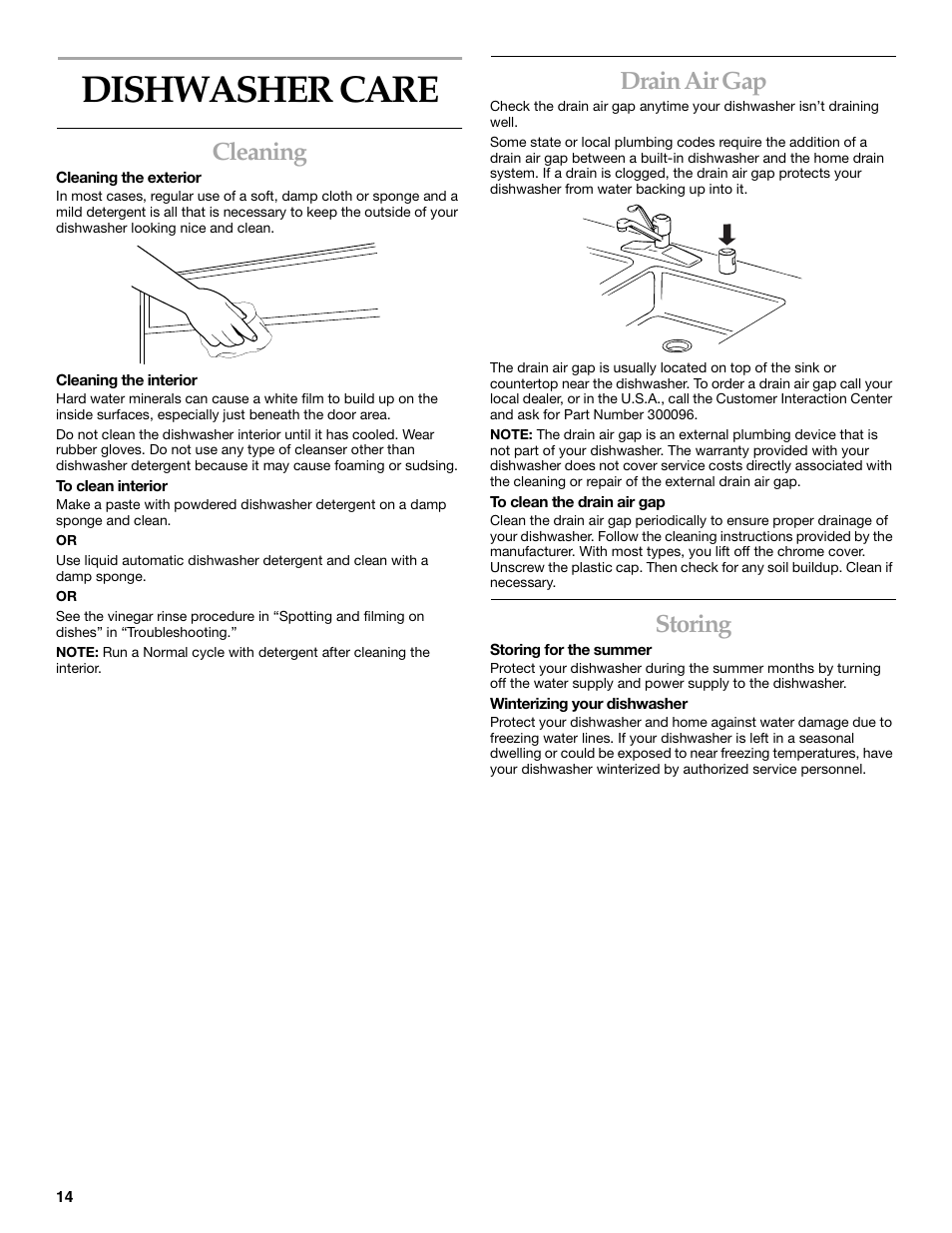 Dishwasher care, Cleaning, Drain air gap | Storing | KITCHENAID KUDI01DL User Manual | Page 14 / 19