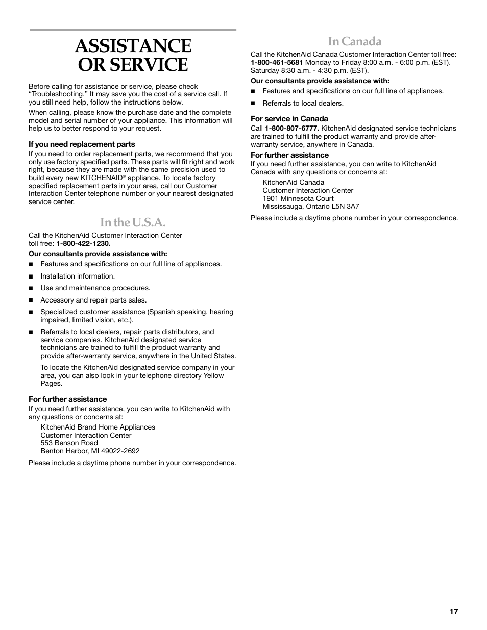 Assistance or service | KITCHENAID KUDI01DL User Manual | Page 17 / 19