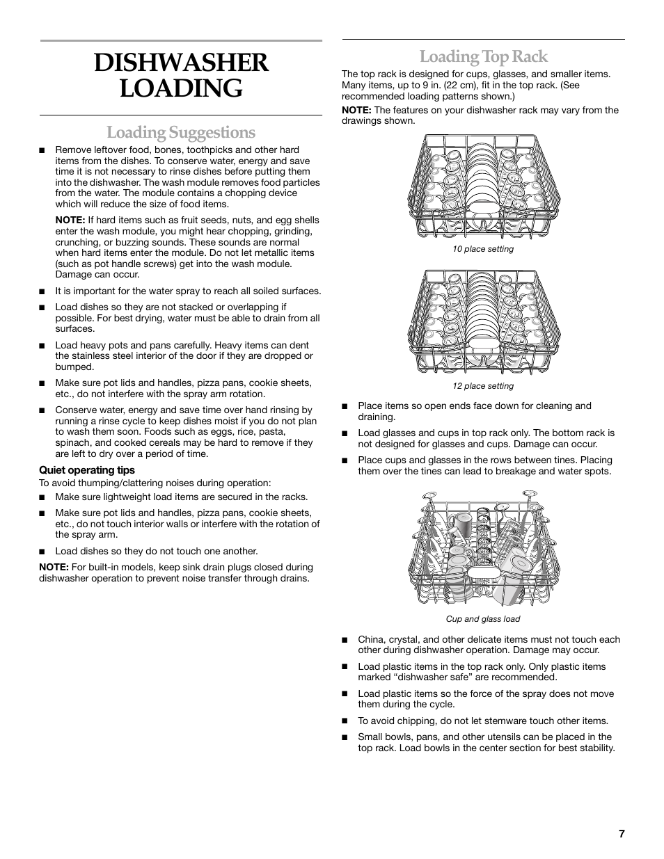 Dishwasher loading, Loading suggestions, Loading top rack | KITCHENAID KUDI01DL User Manual | Page 7 / 19