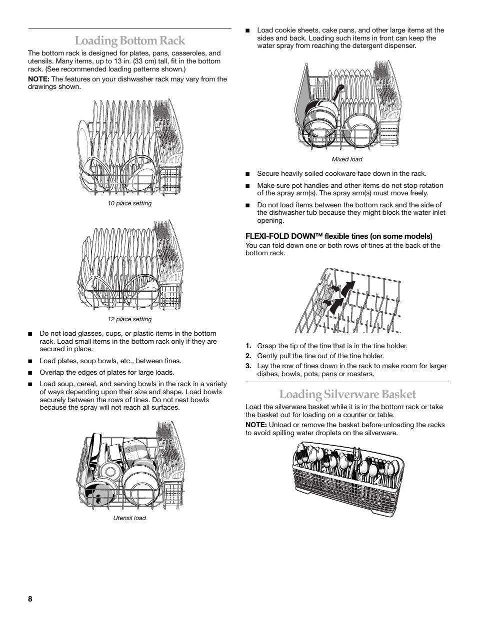 Loading bottom rack, Loading silverware basket | KITCHENAID KUDI01DL User Manual | Page 8 / 19