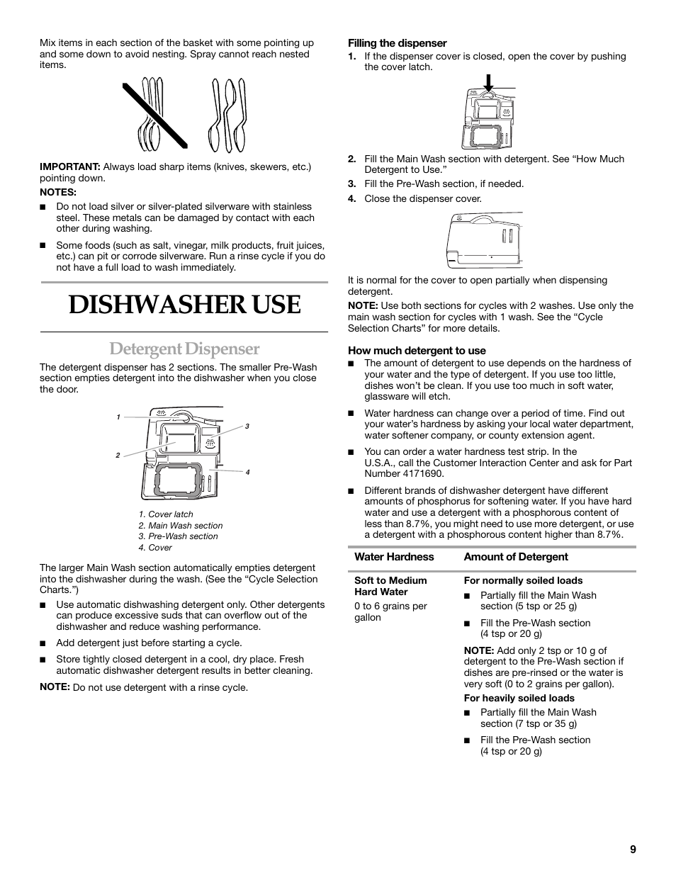 Dishwasher use, Detergent dispenser | KITCHENAID KUDI01DL User Manual | Page 9 / 19