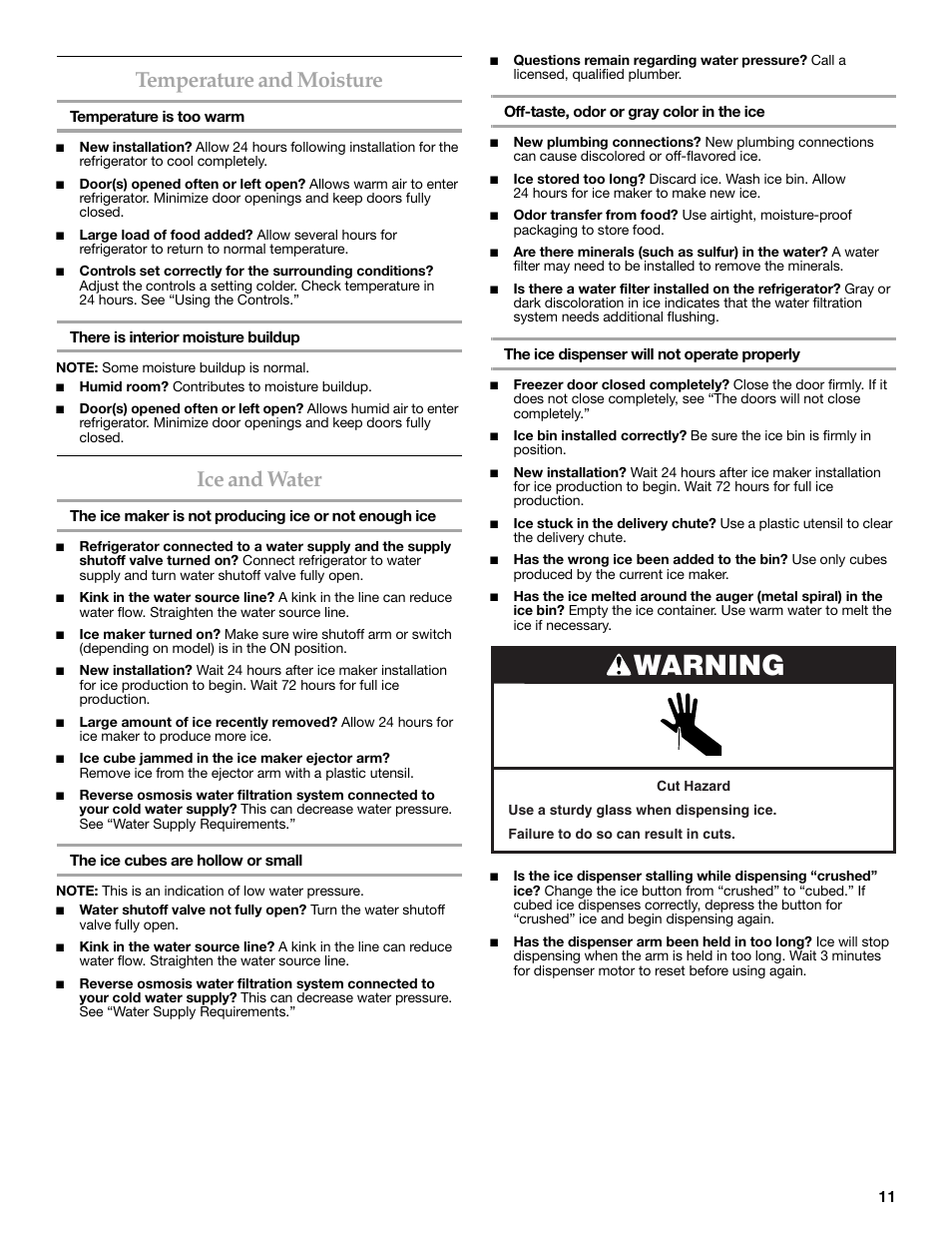 Warning, Temperature and moisture, Ice and water | KITCHENAID W10206413A User Manual | Page 11 / 49