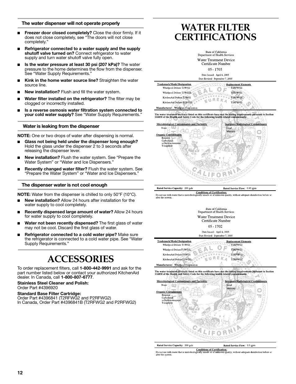 Accessories, Water filter certifications | KITCHENAID W10206413A User Manual | Page 12 / 49
